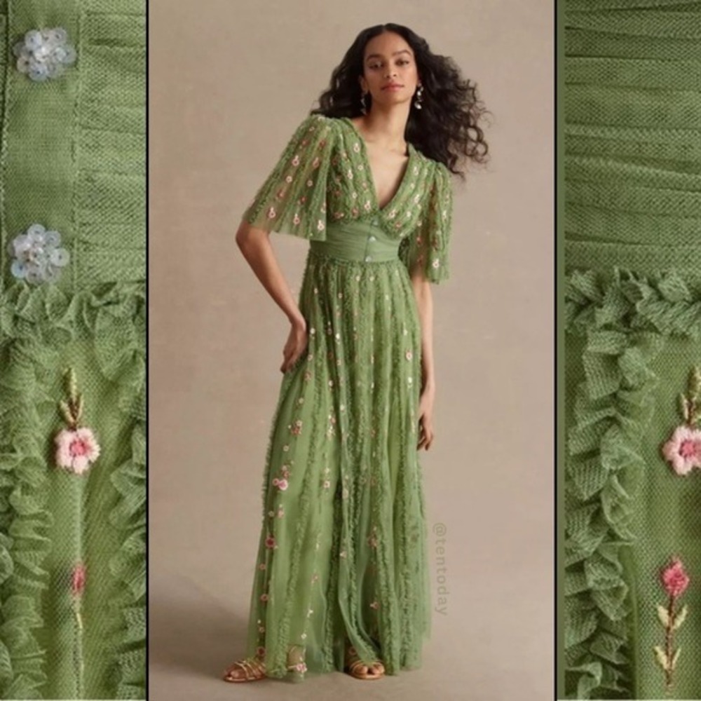 Mac Duggal Size 24 Green Floral V-Neck Ruffle Empire Waist Long Maxi Gown Dress